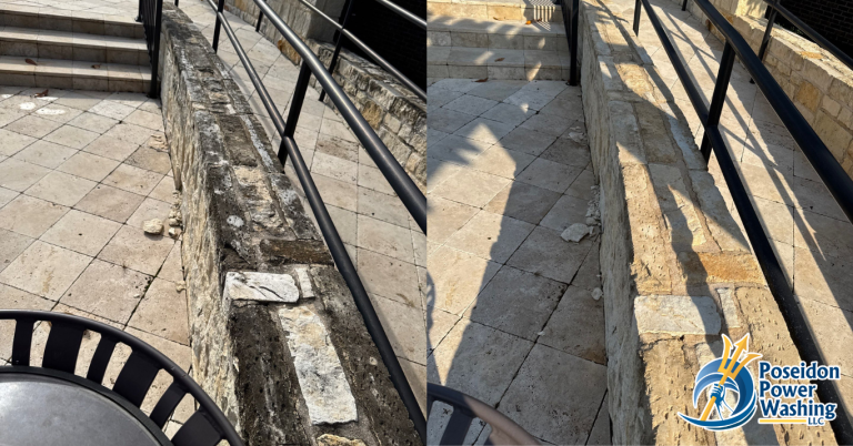 Business storefront being SoftWashed to remove dirt, algae, and stains, enhancing curb appeal, safety, and professional appearance.