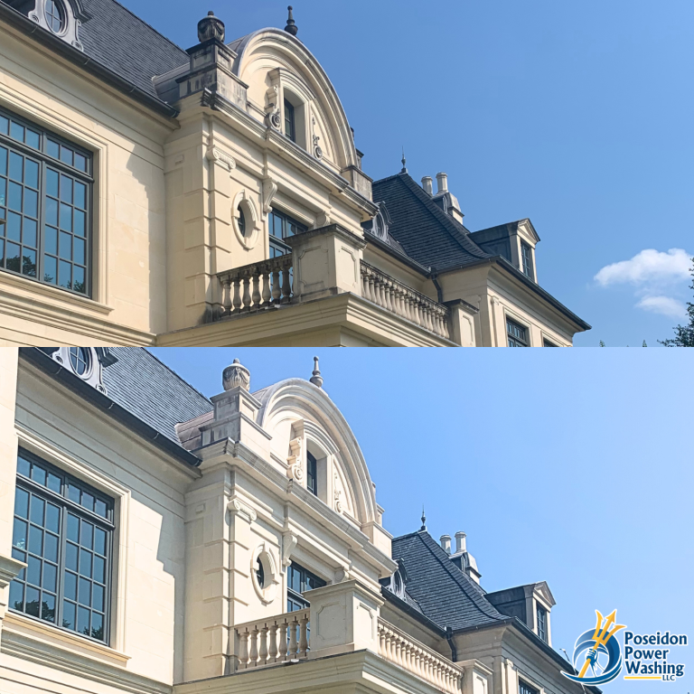 Before-and-after limestone arch cleaning: top stained and weathered, bottom bright and clean with Poseidon Power Washing logo.